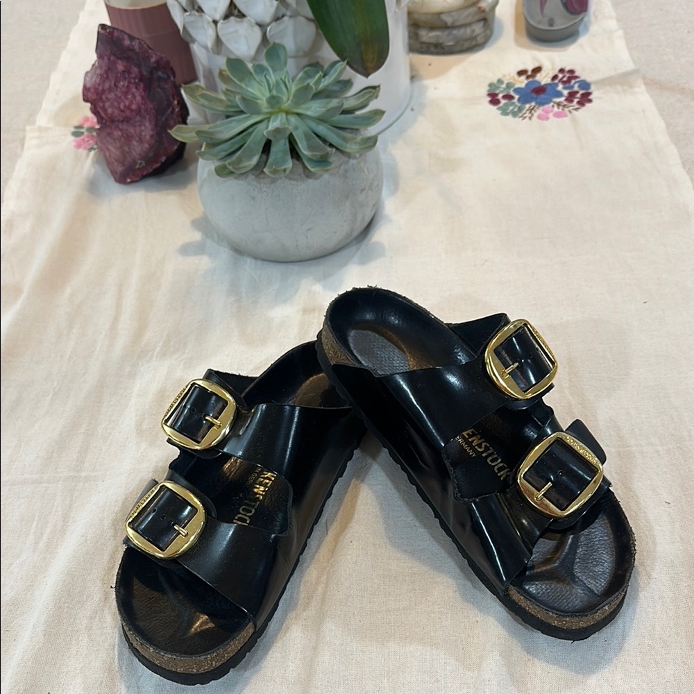 Birkenstock Black Patent Leather Sandals with big Gold Buckles